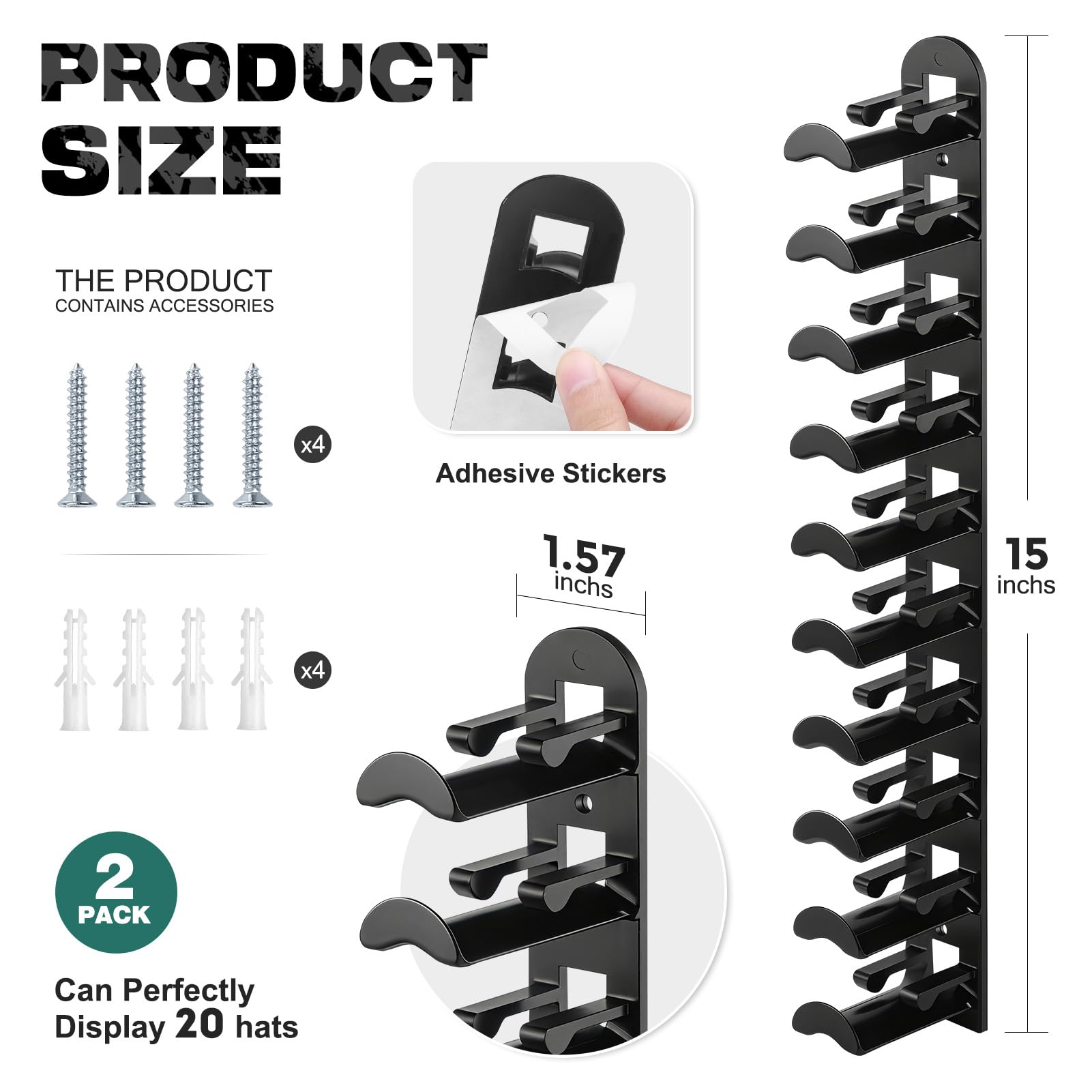Wall Mounted 2-Pack 20 Hat Hook Organizer