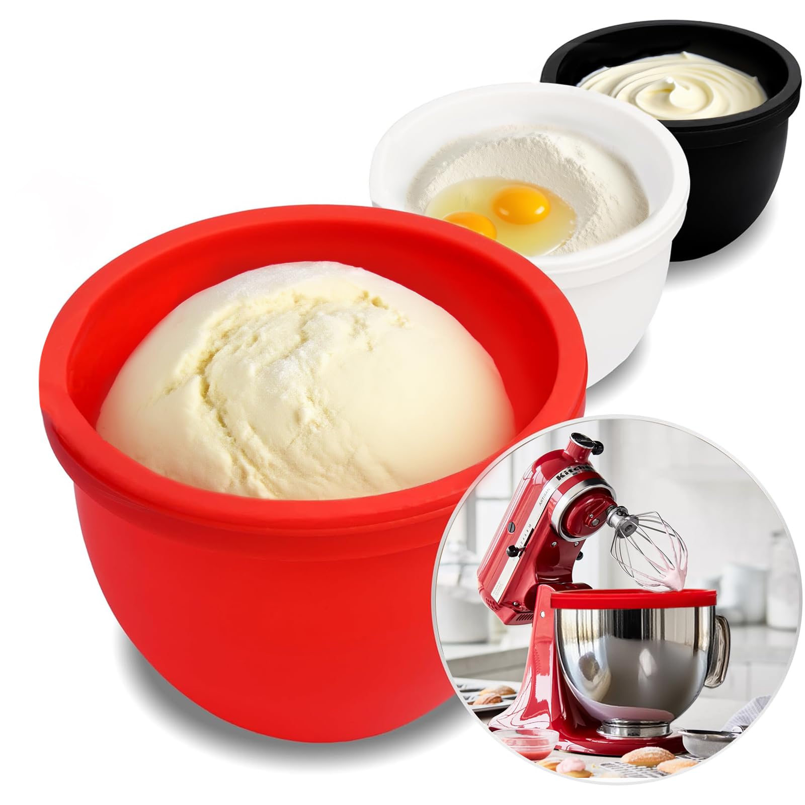 Easy Clean Silicone Bowl Liners for 5 Qt KitchenAid Mixers, 3 Liners with Lids