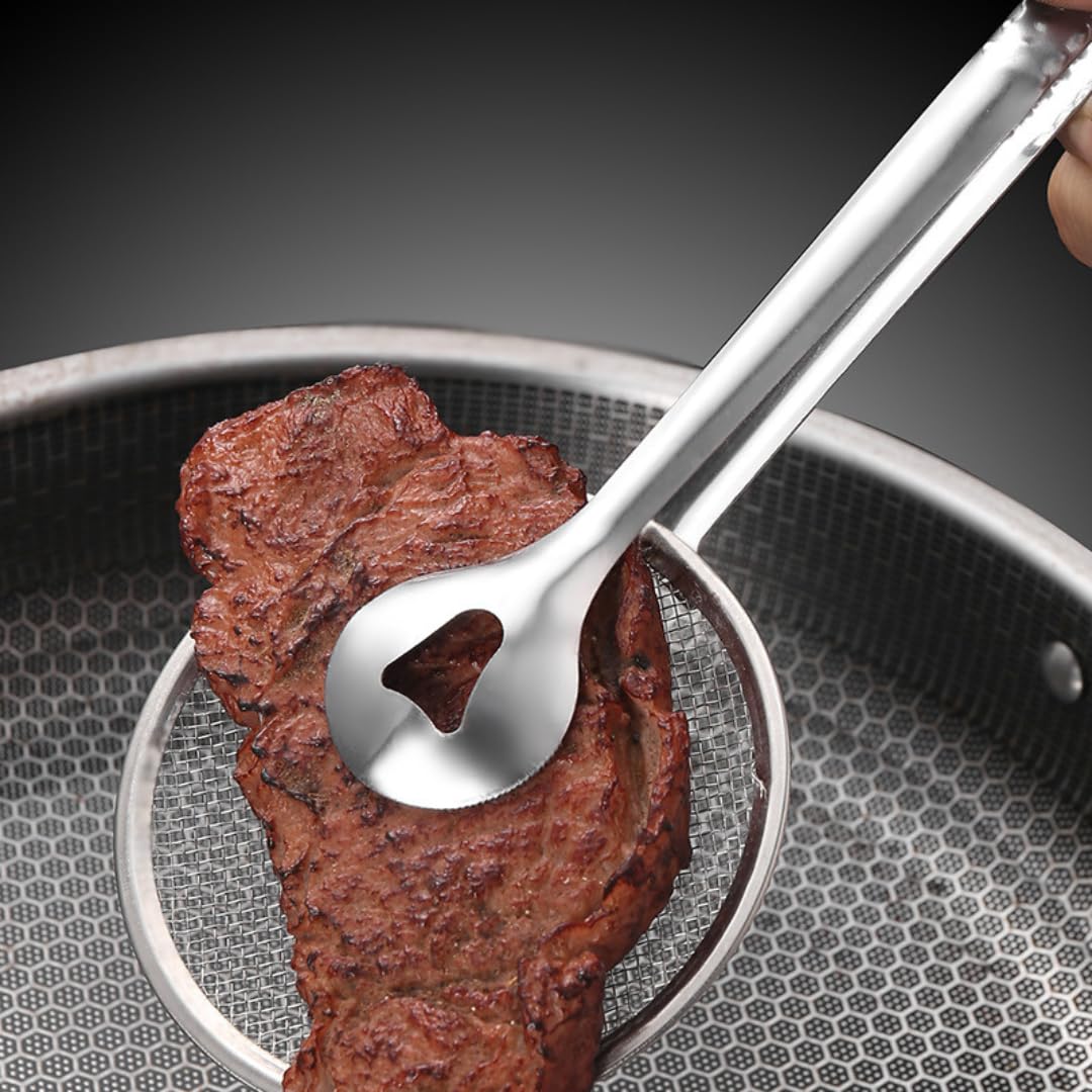 Stainless Steel Kitchen Tongs with Built-in Strainer Spoon