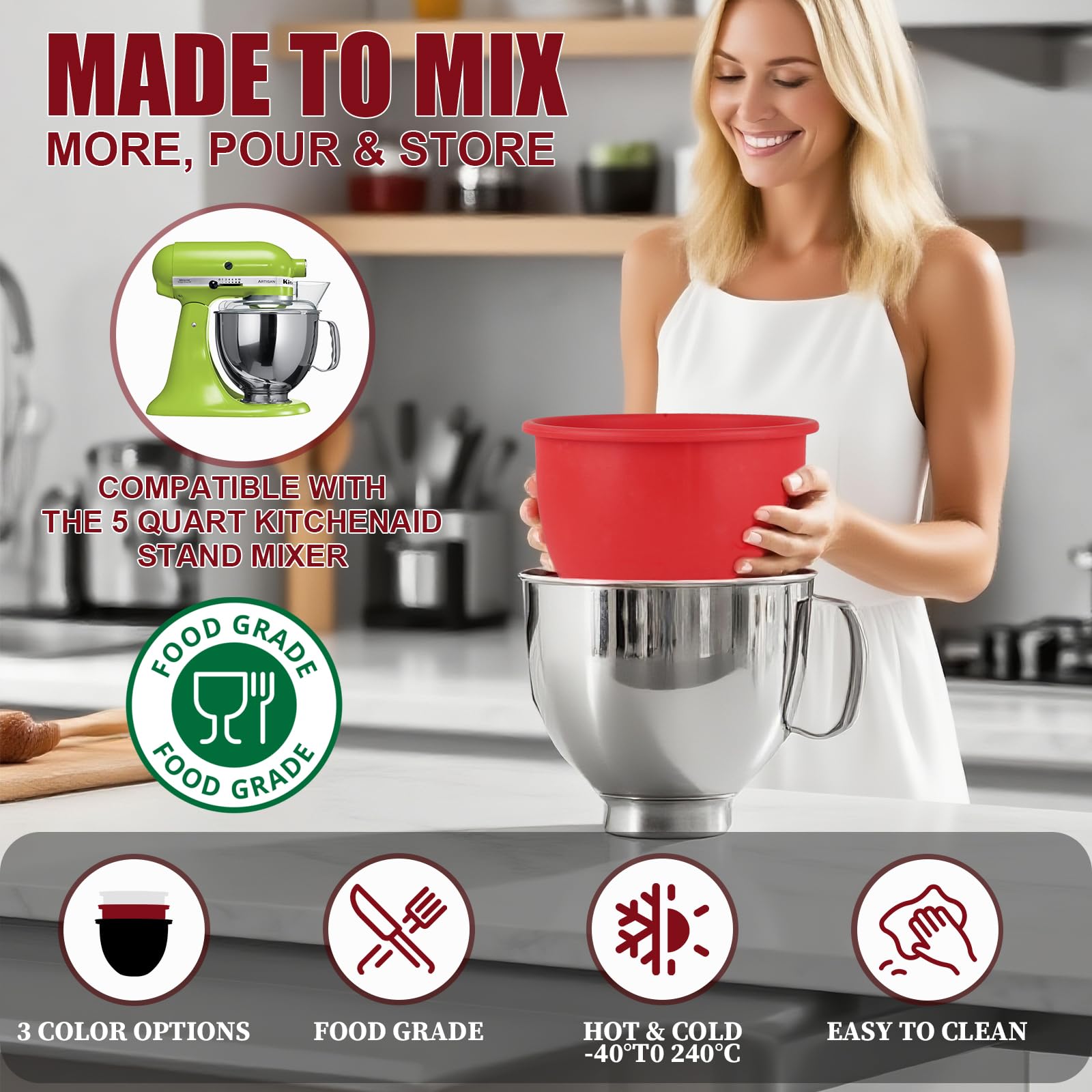 Easy Clean Silicone Bowl Liners for 5 Qt KitchenAid Mixers, 3 Liners with Lids