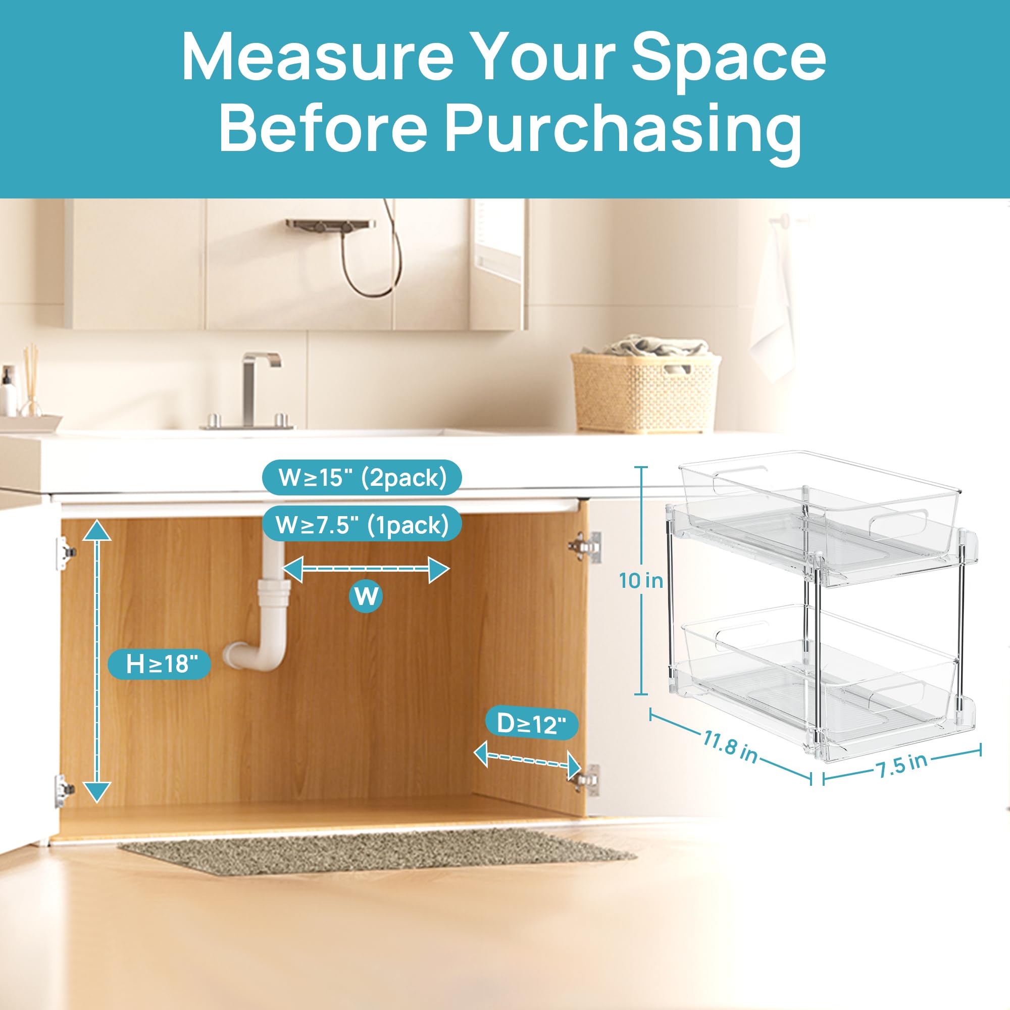 4 Pack - 2 Tier Under Sink Bathroom Organizer