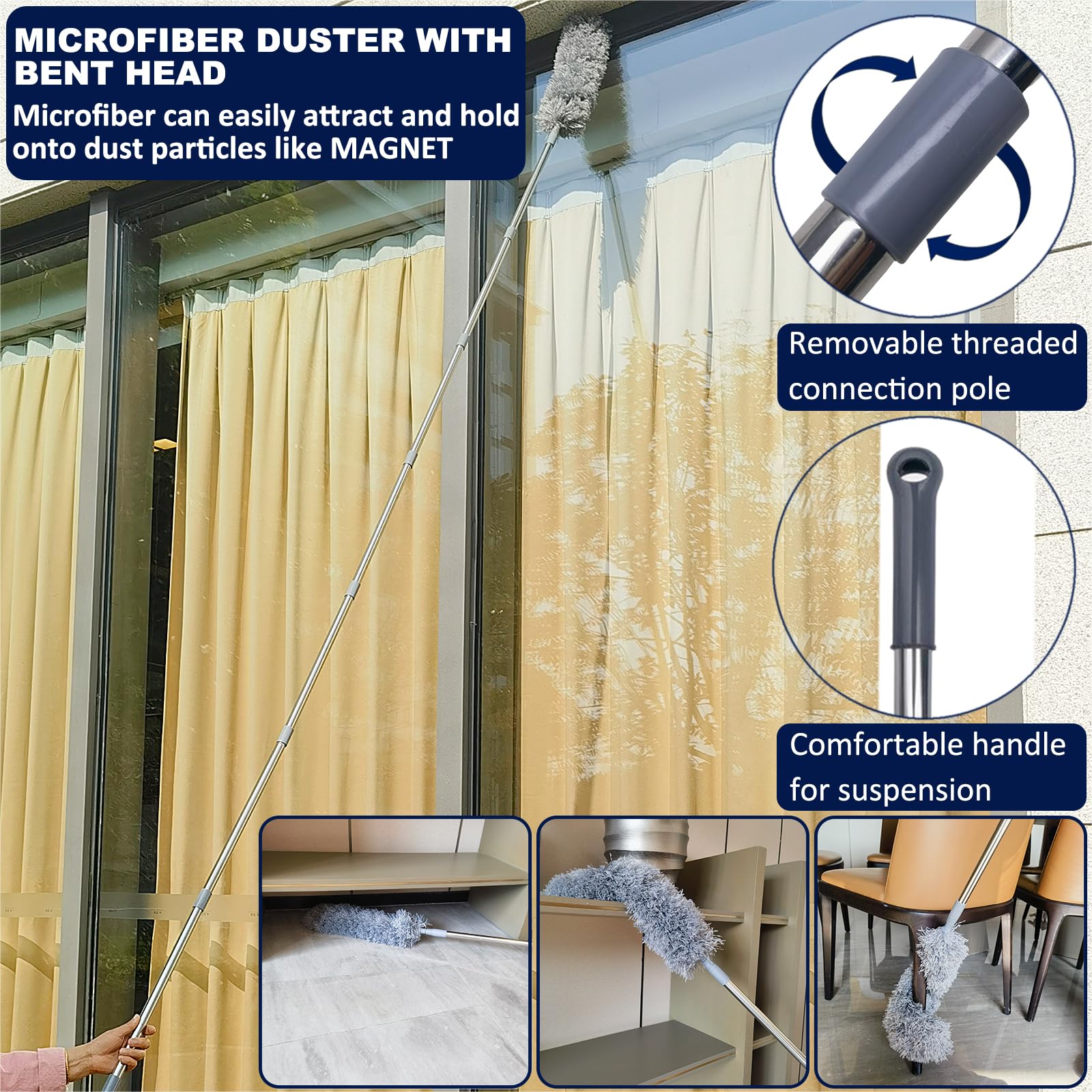20+ Ft Reach Ceiling Fan Duster & Cobweb & Corner Brush Duster