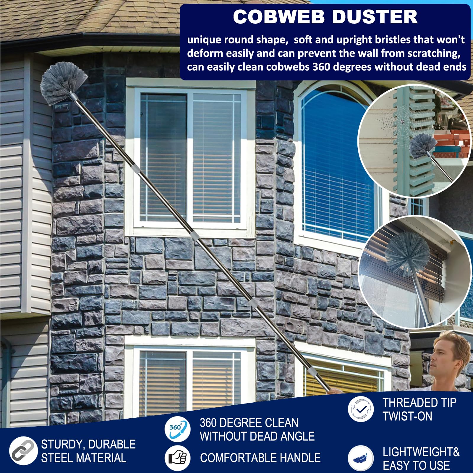 20+ Ft Reach Ceiling Fan Duster & Cobweb & Corner Brush Duster