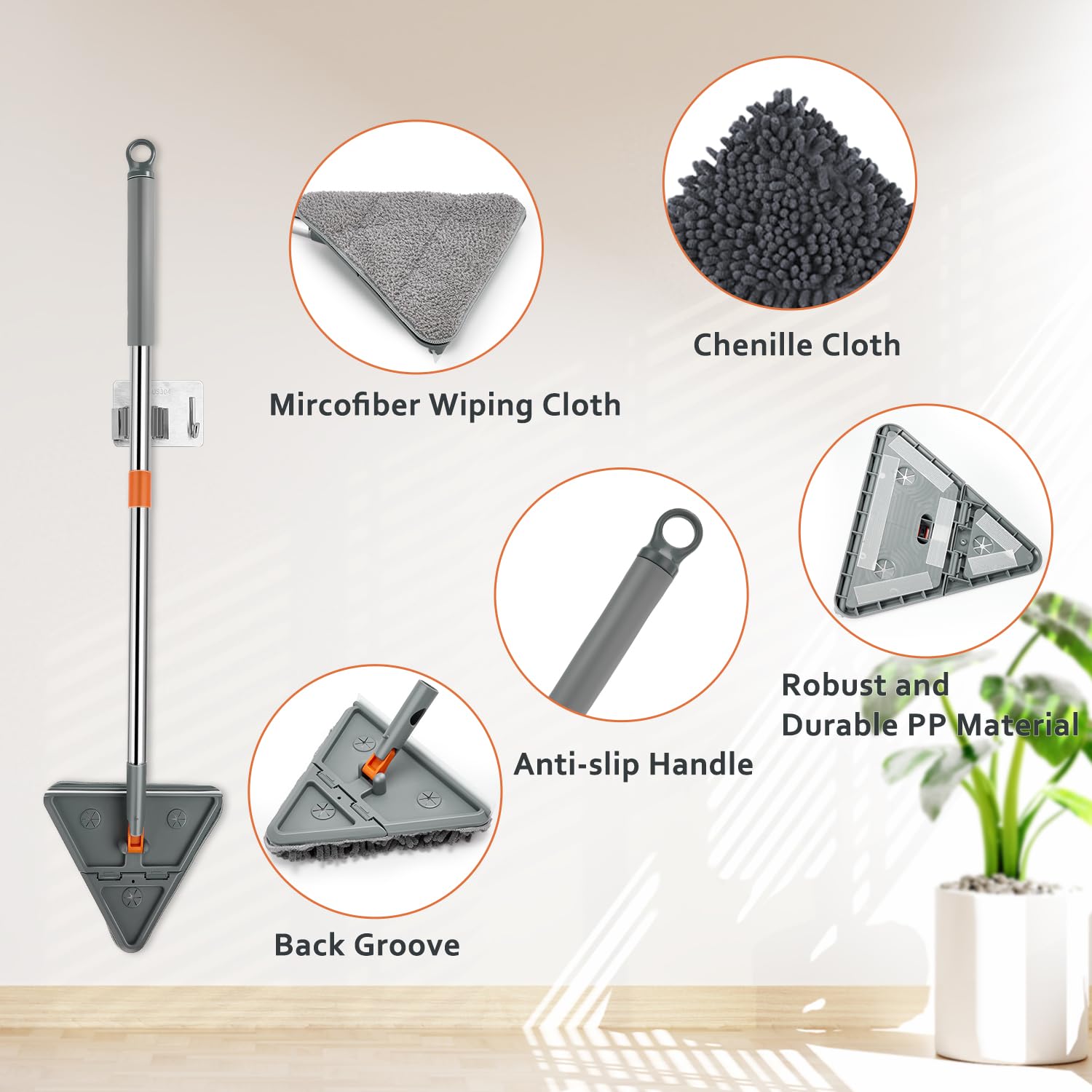 Baseboard, Wall, and Corner Cleaner Tool with 360° Rotating Handle