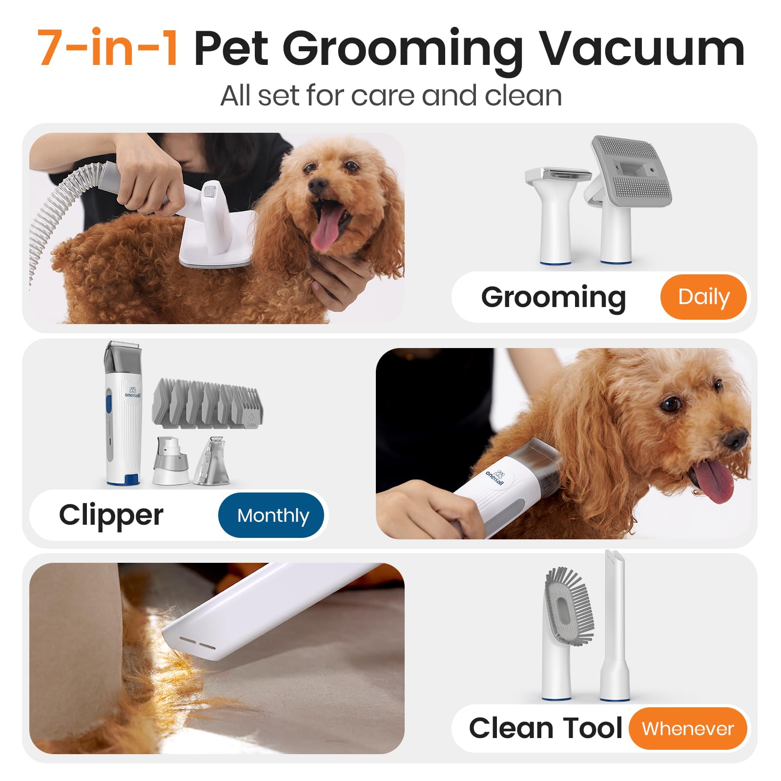 oneisall 3 in 1 Pet Grooming Vacuum with Clipper Nail Grinder and Hair Trimmer