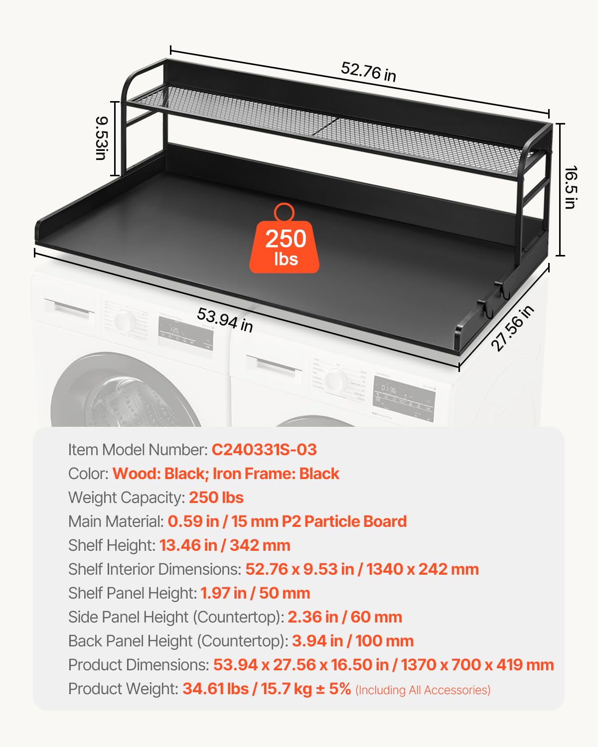 Washer Dryer Countertop with 2-Tier Shelf and Organizer
