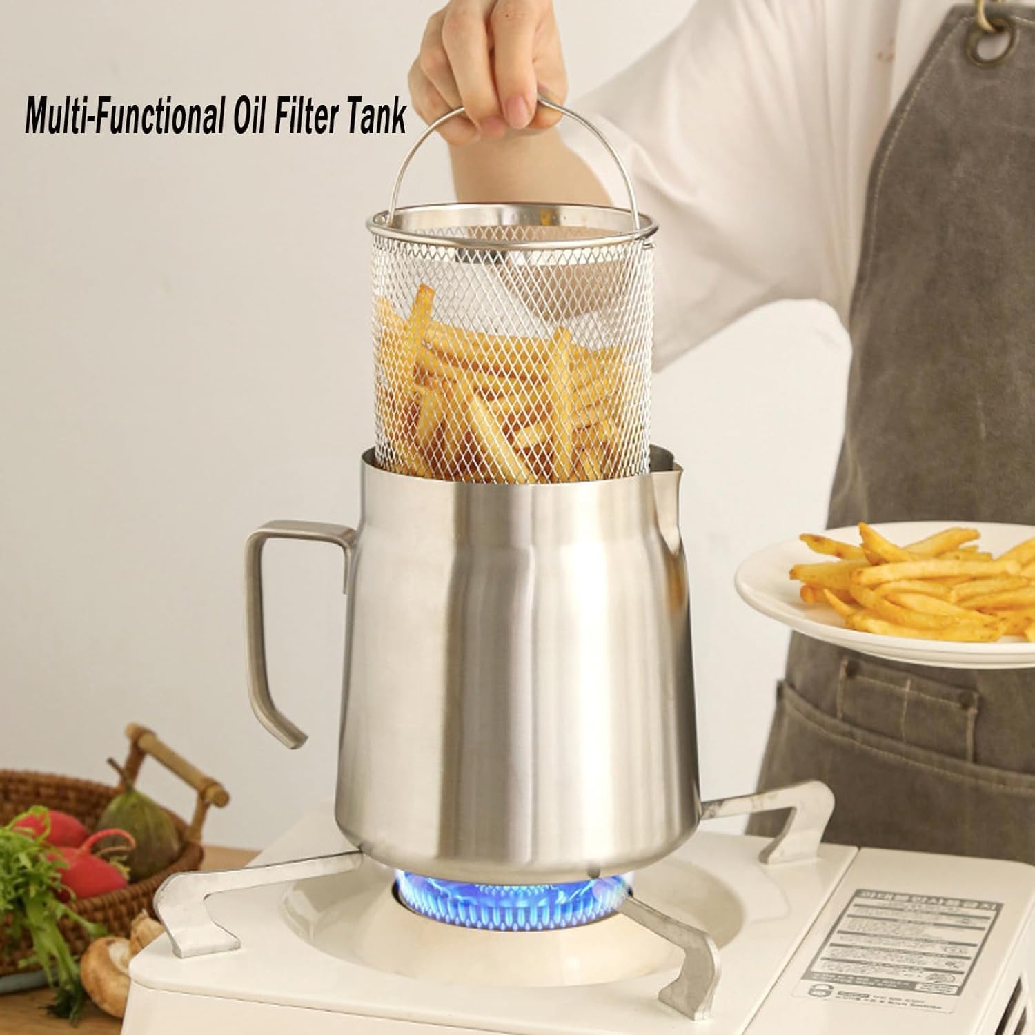 2 in 1 Stainless Steel Deep Fryer Pot with Basket & Strainer