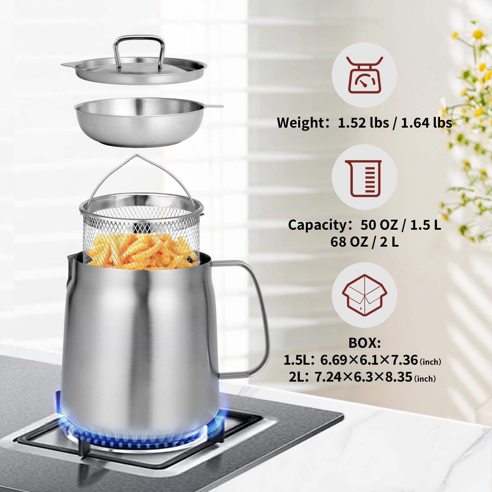 2 in 1 Stainless Steel Deep Fryer Pot with Basket & Strainer