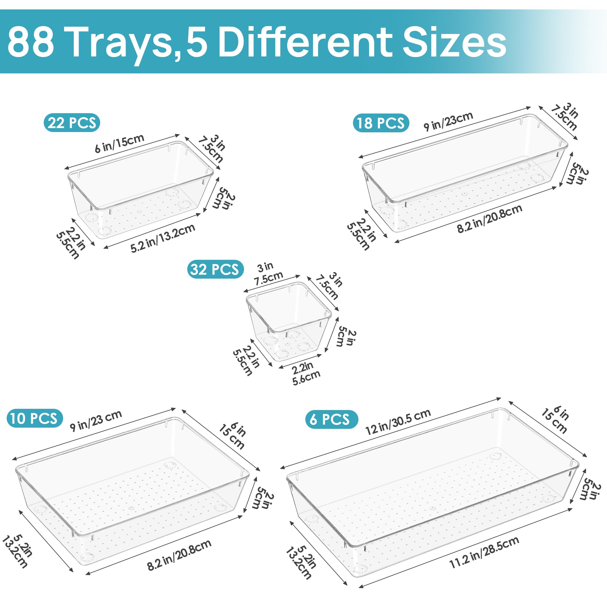 88PCS Clear Plastic Drawer Organizer Set