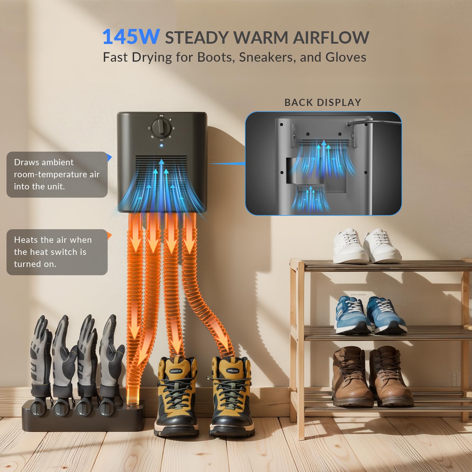 Wall Mounted Shoe and Boot Dryer with Glove Attachment