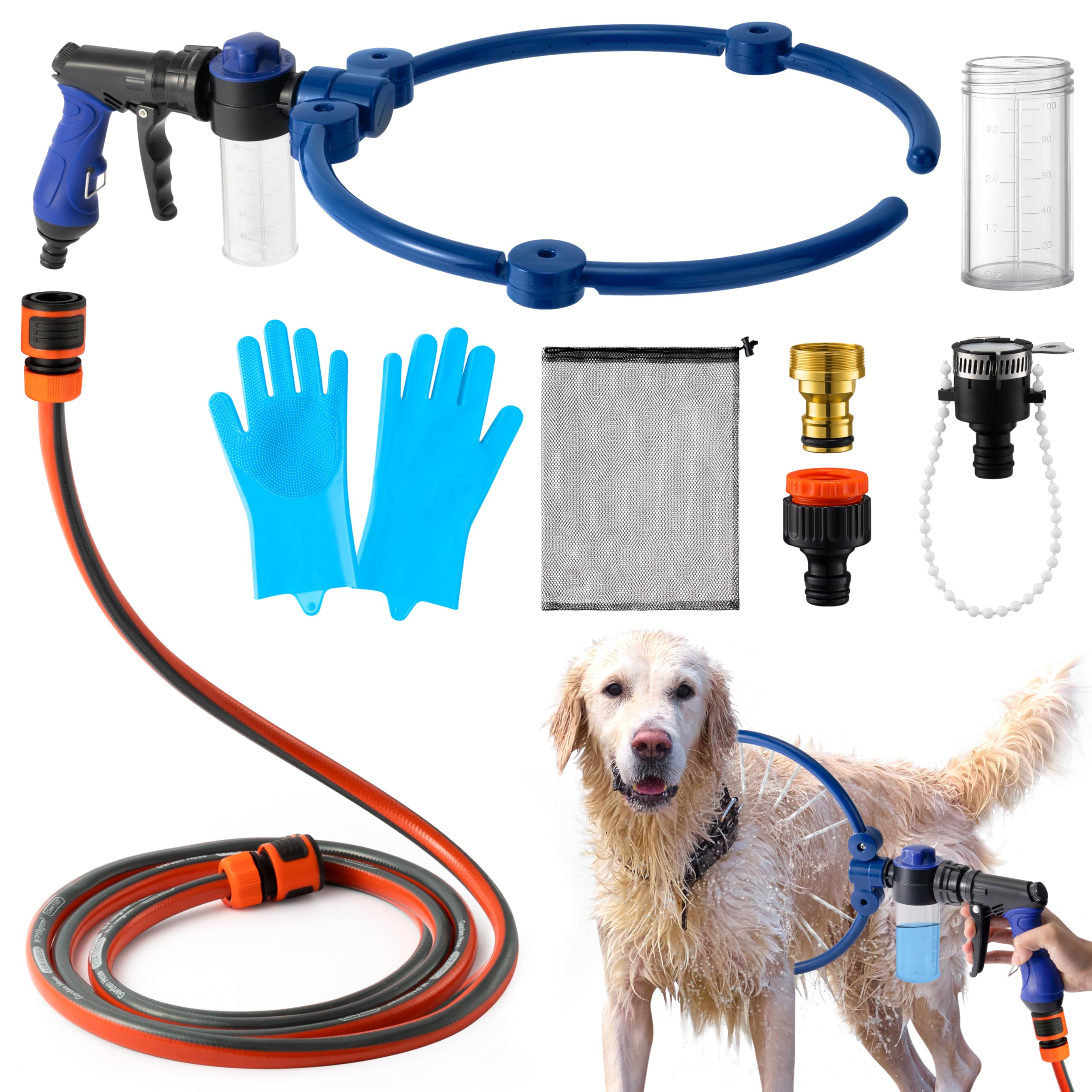 Adjustable 360° Dog Washing Hose Attachment with Pet Grooming Glove & 2 100cc Soap Dispenser