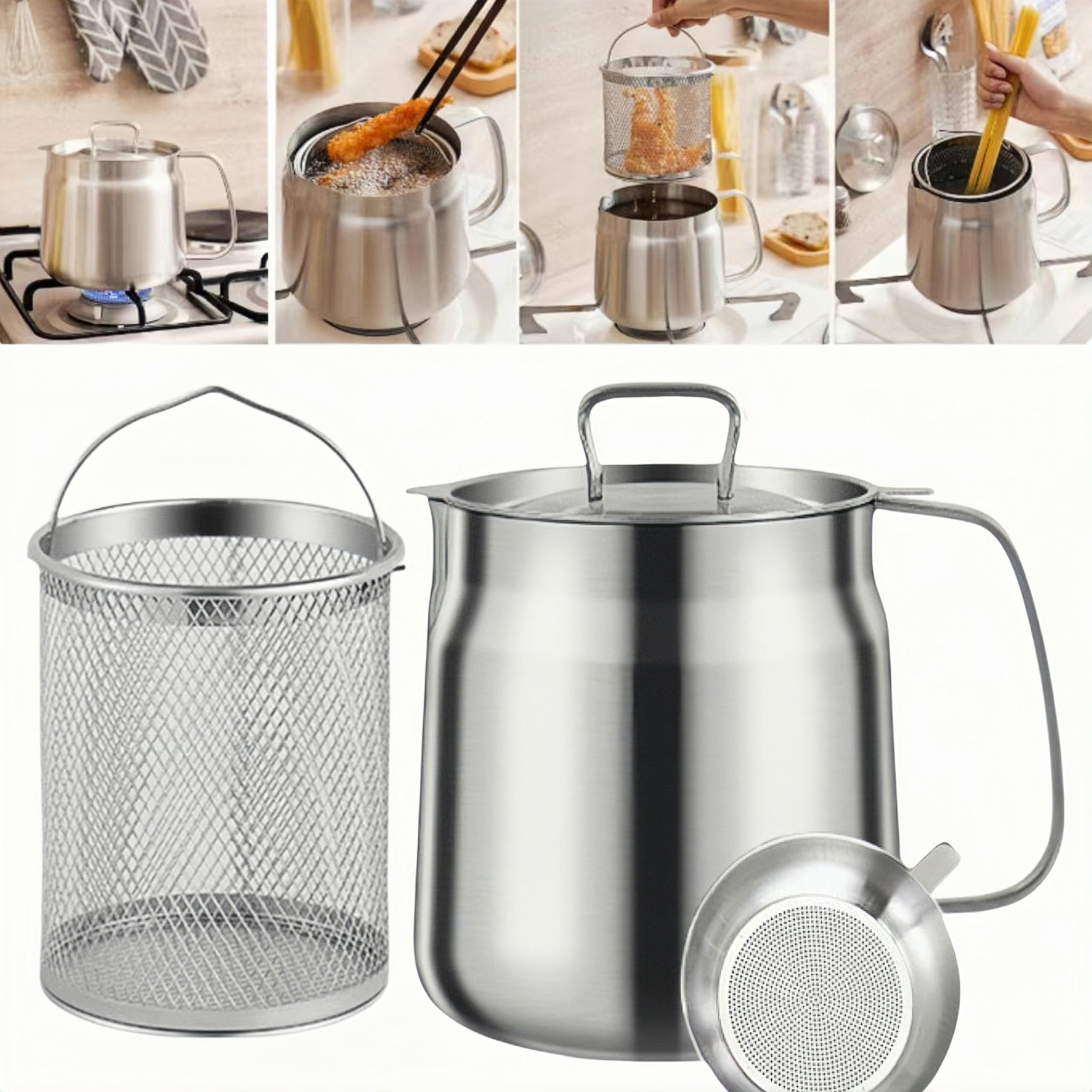 2 in 1 Stainless Steel Deep Fryer Pot with Basket & Strainer