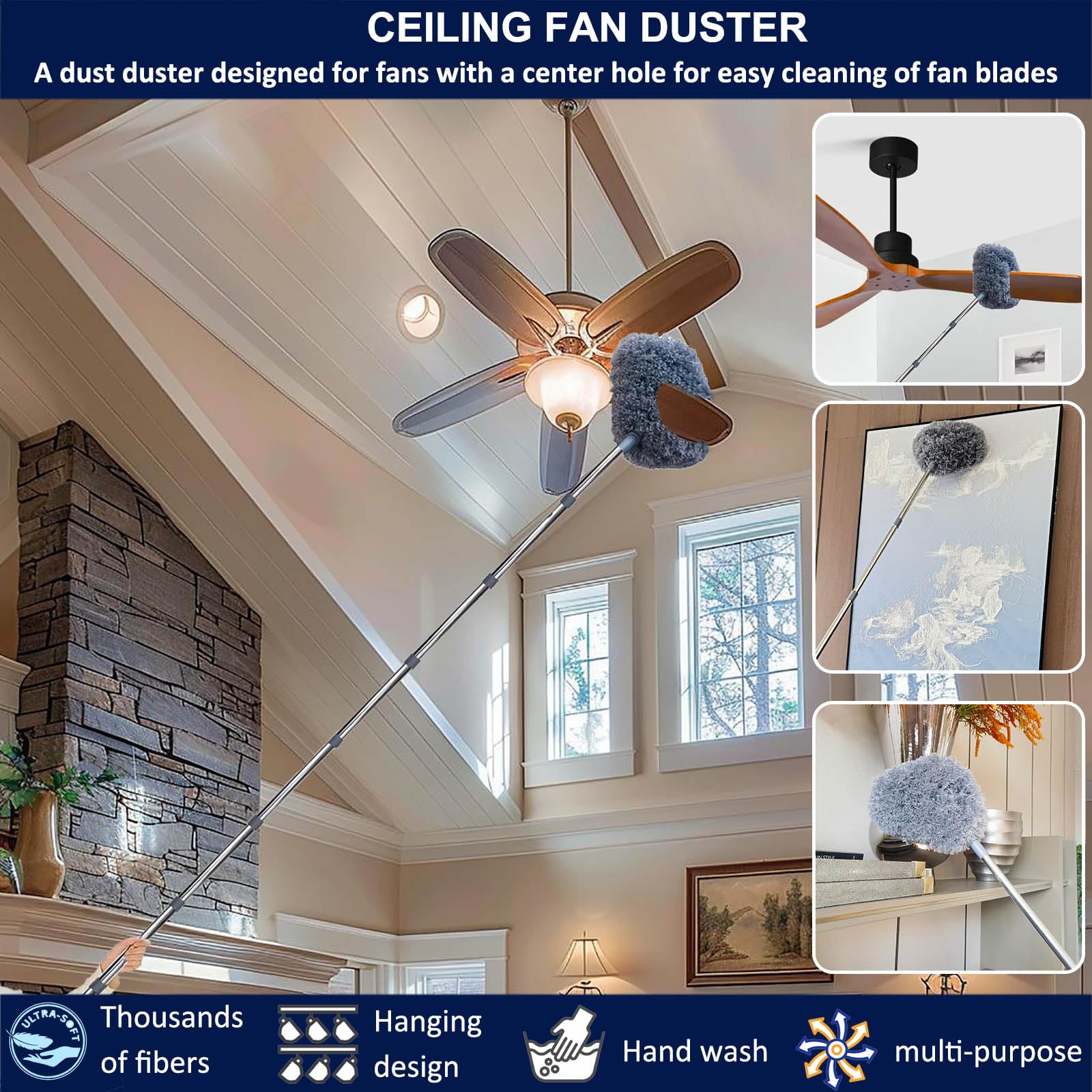 20+ Ft Reach Ceiling Fan Duster & Cobweb & Corner Brush Duster