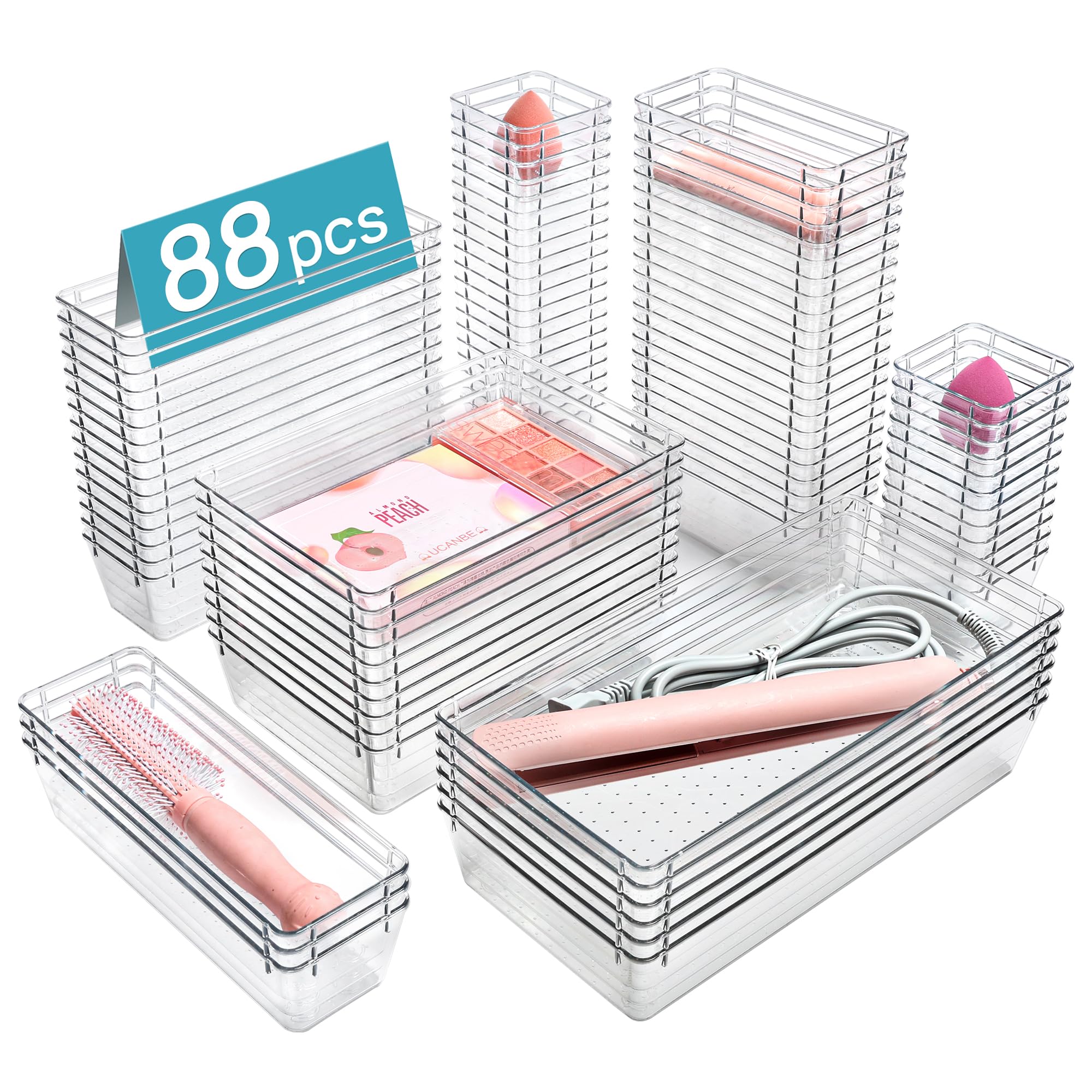 88PCS Clear Plastic Drawer Organizer Set