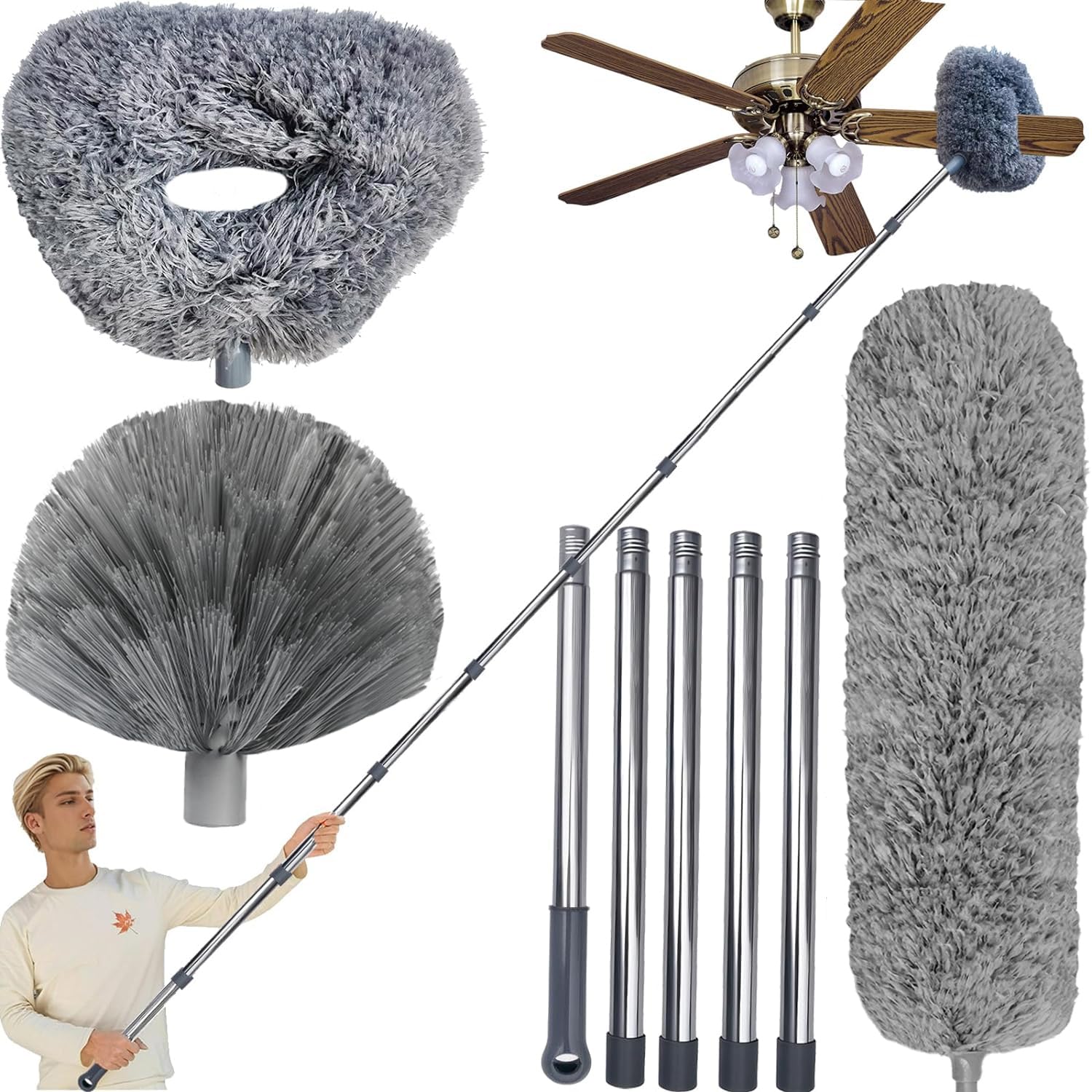 20+ Ft Reach Ceiling Fan Duster & Cobweb & Corner Brush Duster