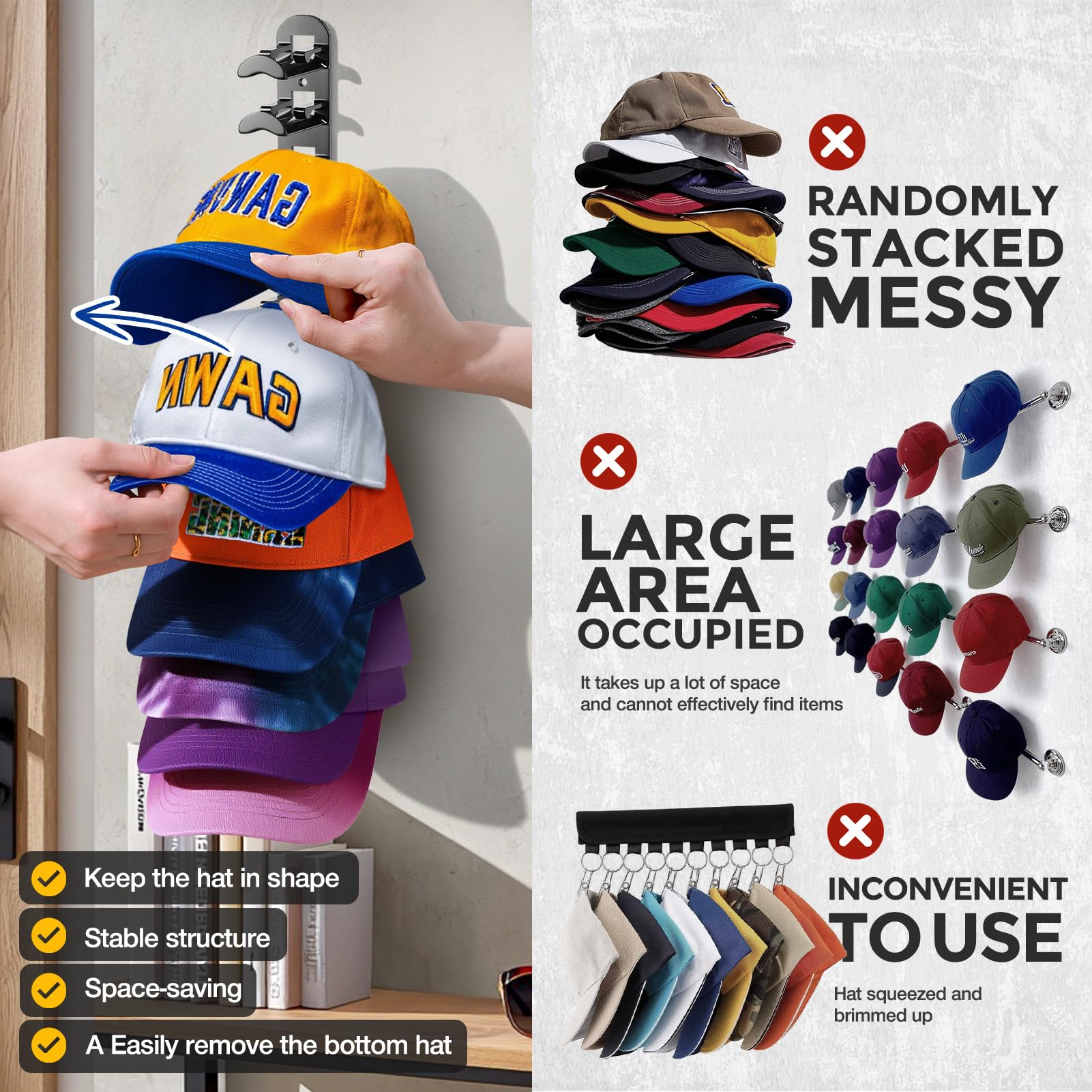 Wall Mounted 2-Pack 20 Hat Hook Organizer