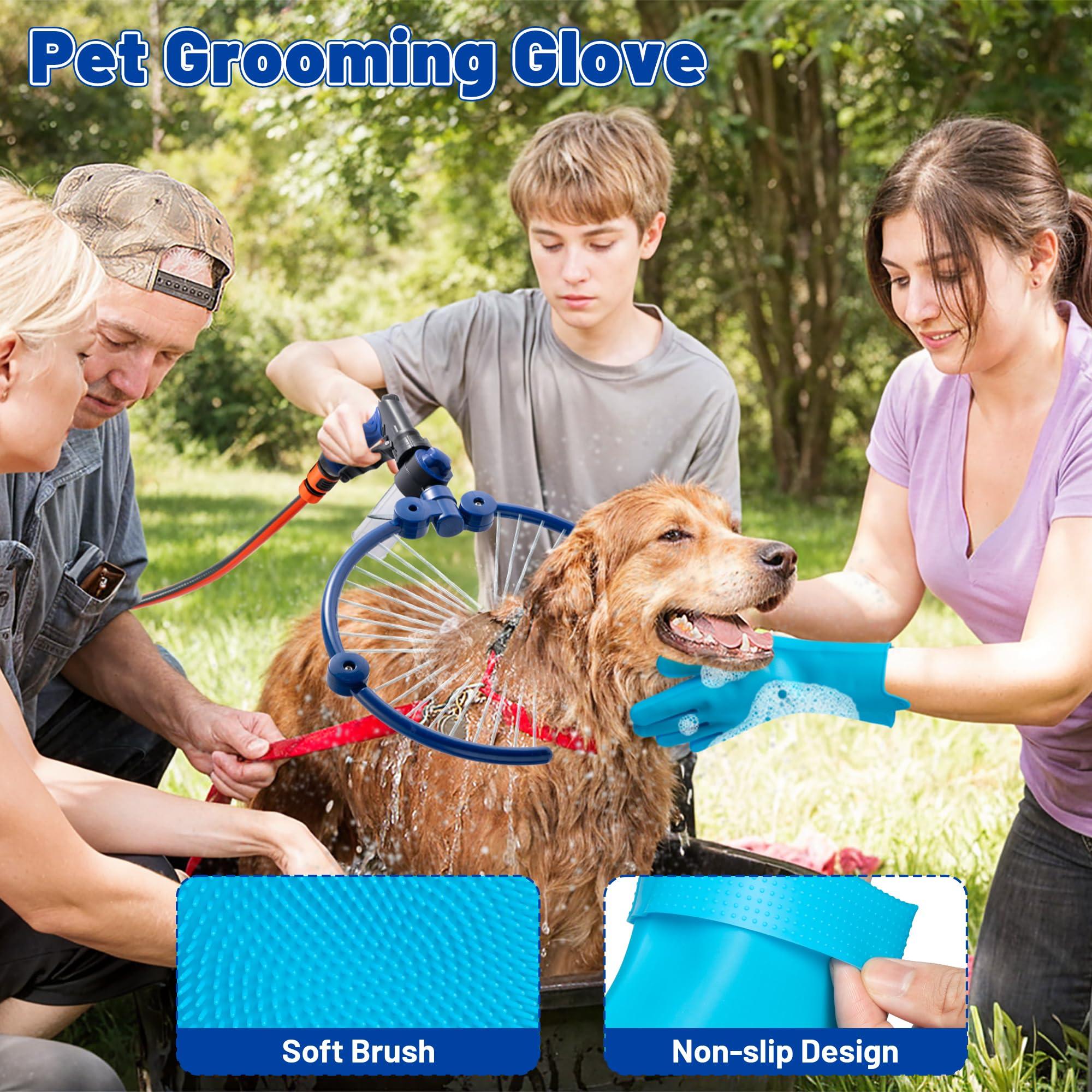 Adjustable 360° Dog Washing Hose Attachment with Pet Grooming Glove & 2 100cc Soap Dispenser
